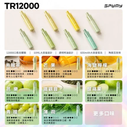 【新品上市】SPUMY TR 12000 拋棄式電子煙｜15種風味可選｜10ml大容量 約12000口｜透明油倉與陶瓷芯技術